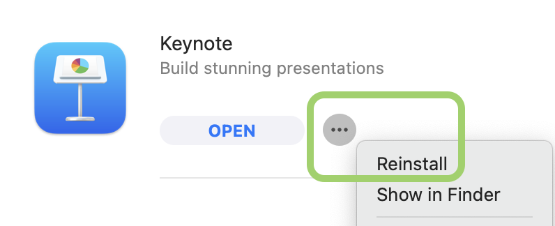 Screenshot of Keynote in Kandji Self Service with option menu shown and Reinstall option highlighted