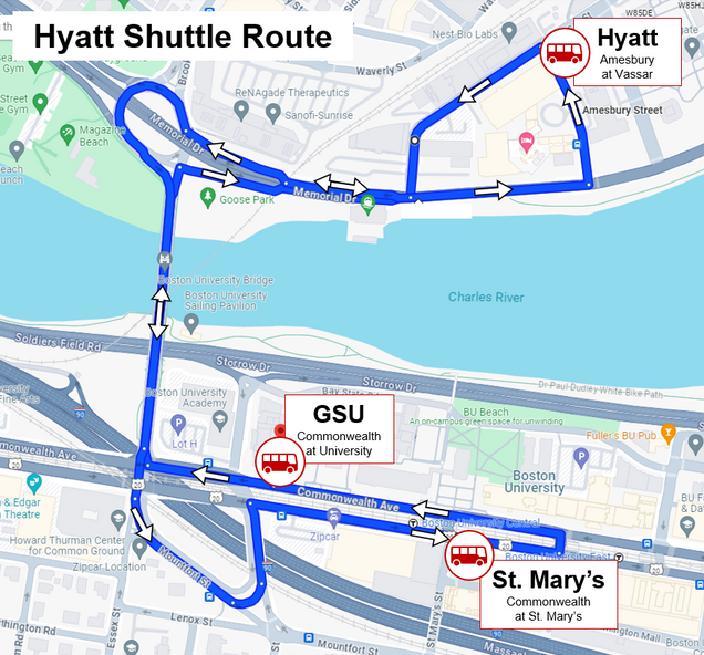 Map showing the three Hyatt Shuttle stops in order: Hyatt, GSU, St. Mary's