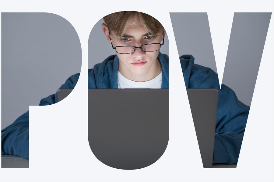 The letters POV with a photo of a boy sitting a laptop superimposed over them.
