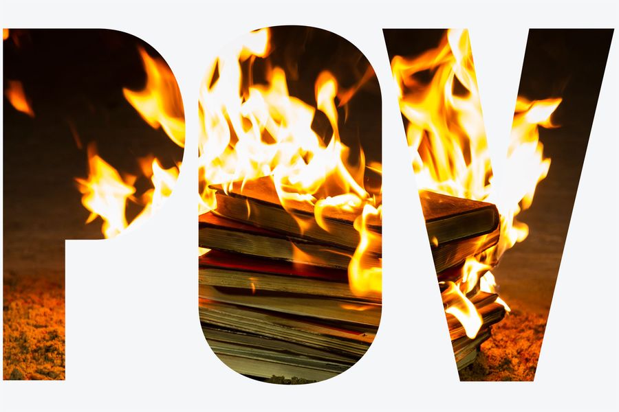 A graphic with the letters POV. A set of burning books is superimposed on the letters.