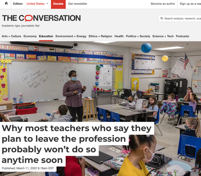 A screenshot of an article about teacher attrition in The Conversation.