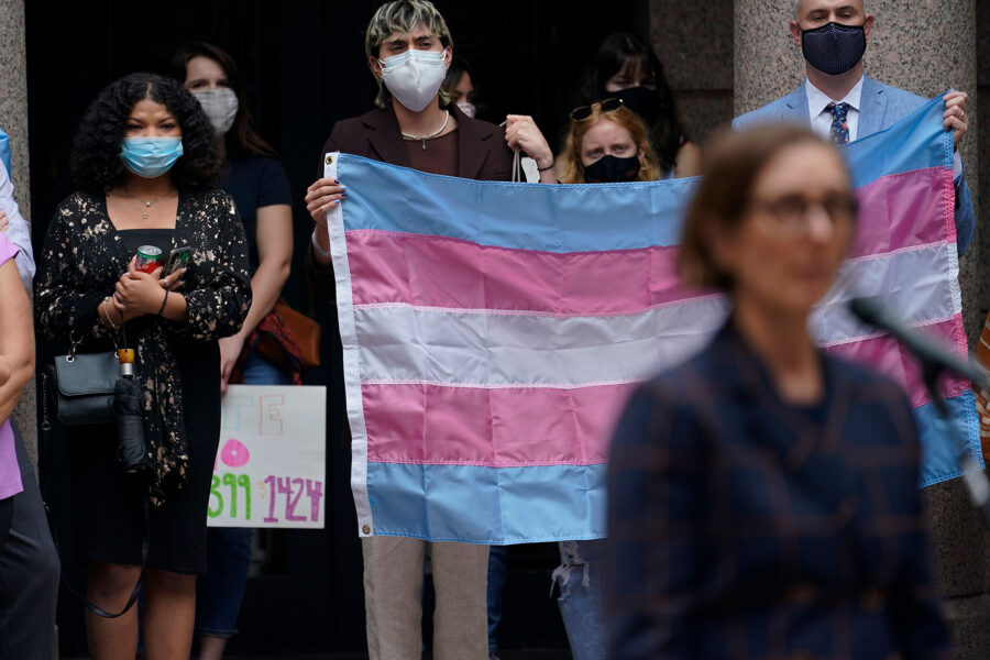 A photo of demonstrators carrying the trans flag. They’re wearing COVID masks.
