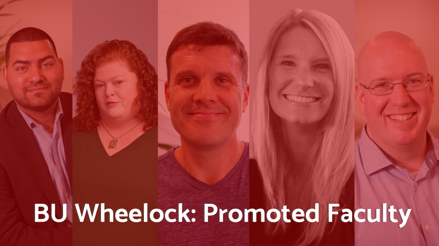 Shows five BU Wheelock faculty members that were promoted to senior lecturer in 2022