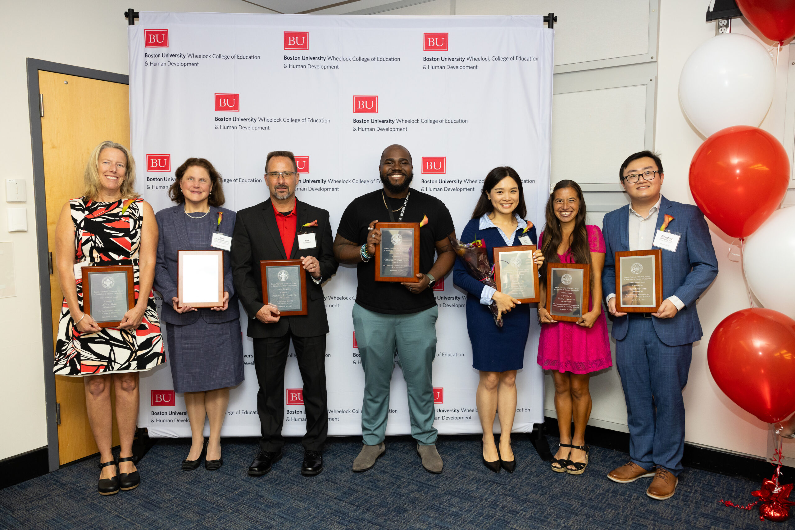 Alumni award recipients (l-to-r): Alice Shea (’95), Kyla McSweeney (’94,’97), Russ Hoyt accepting on behalf of Rick Hoyt (’93), Cinique Weekes-Bynoe (’16), Karen Lo (’13), Nicole Homerin (’17), & Zhongfeng Tian (’16).