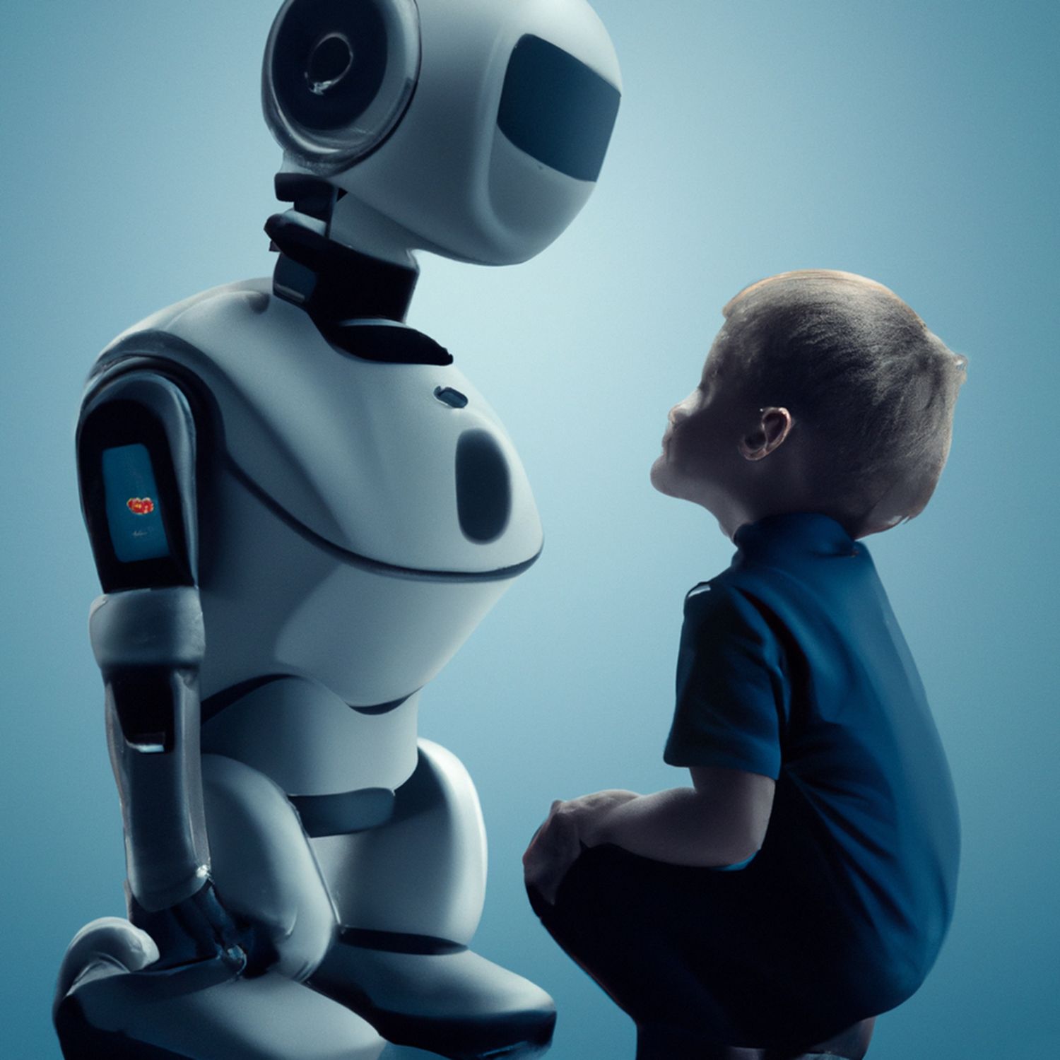 small boy looking up at white robot