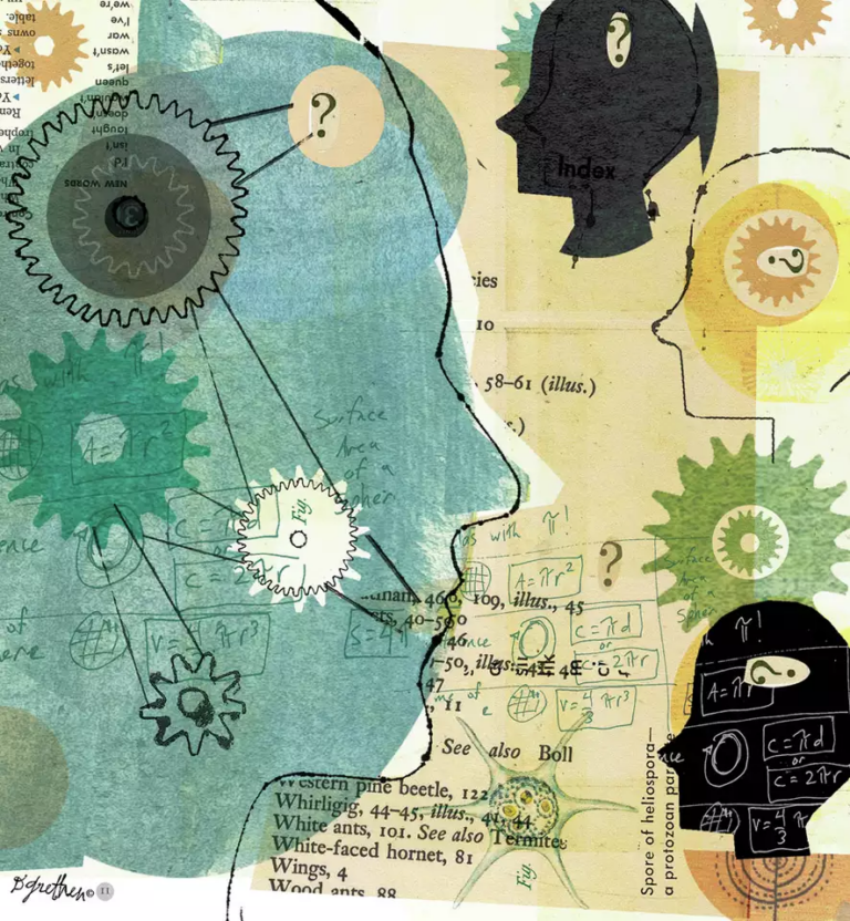 A collage with silhouetted faces, equations, question marks gears, and books.