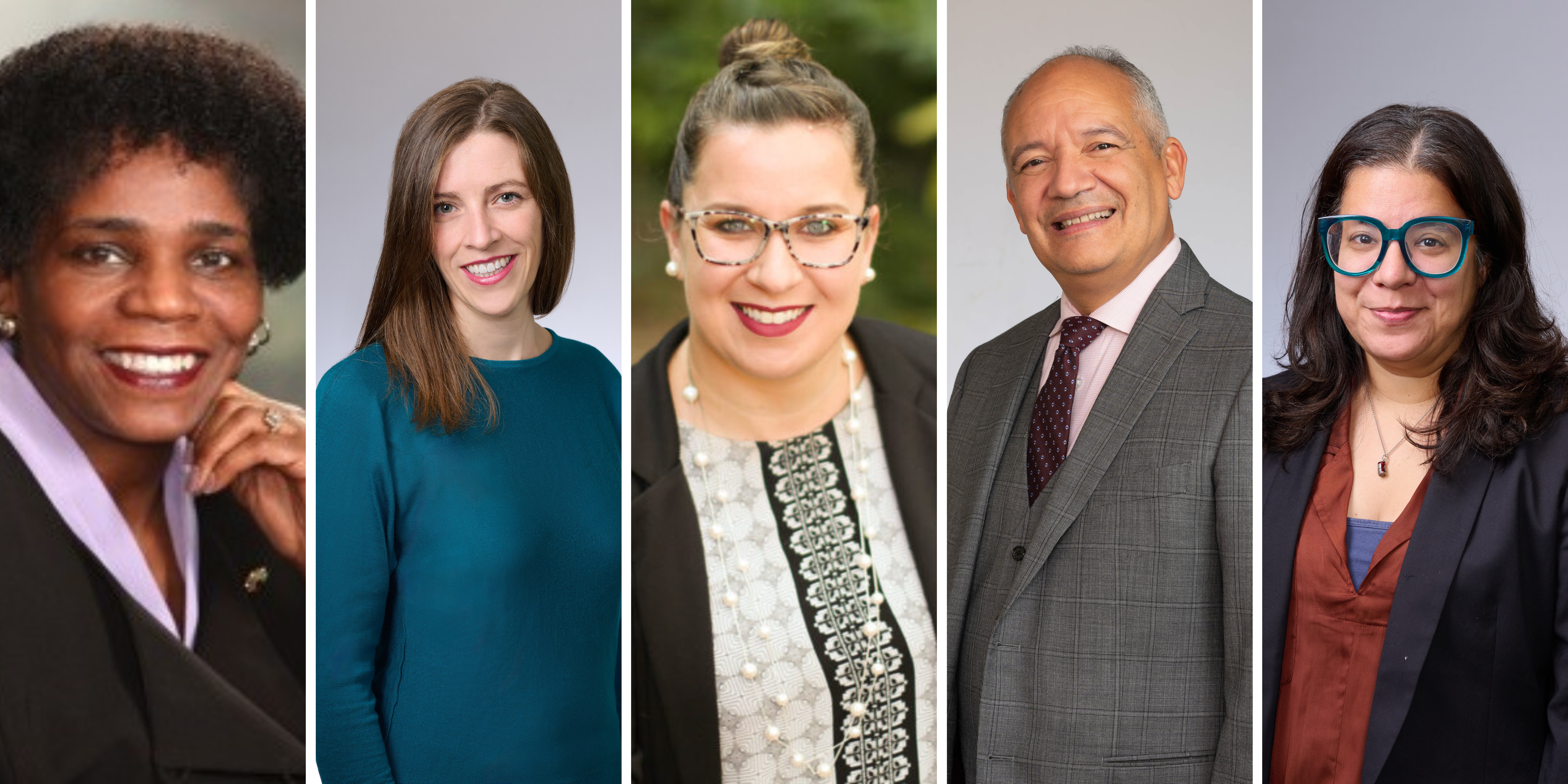 Shows head shots of five faculty members