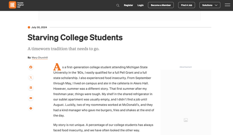 A screenshot of an Inside Higher Ed page entitled "Starving College Students."