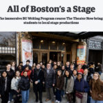 Screenshot of a BU Today article (linked) with an image of BU students outside a theatre